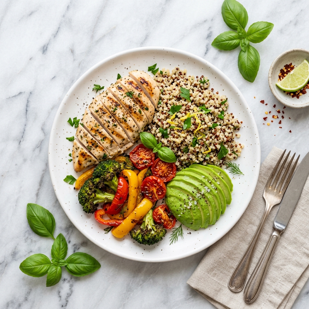 Healthy meal plate with chicken, quinoa and vegetables